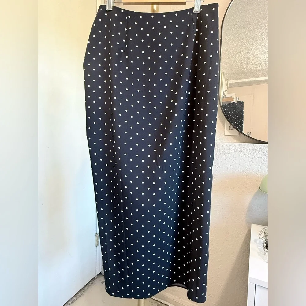 NWOT - Something Navy Rouched Midi Slip Skirt Black w. White Polka Dot - Size S